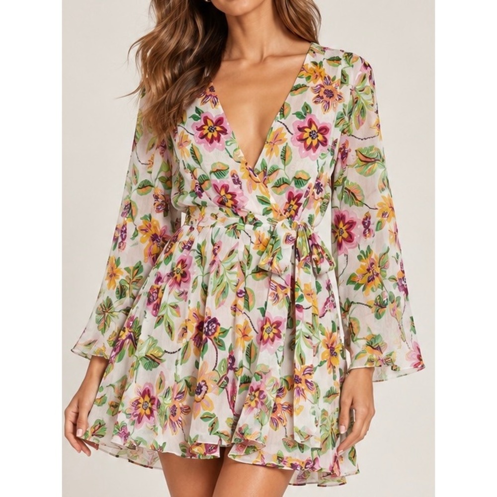 MISA Los Angeles Kaia Floral Mini Dress Boho Long Sleeve Size S NWT